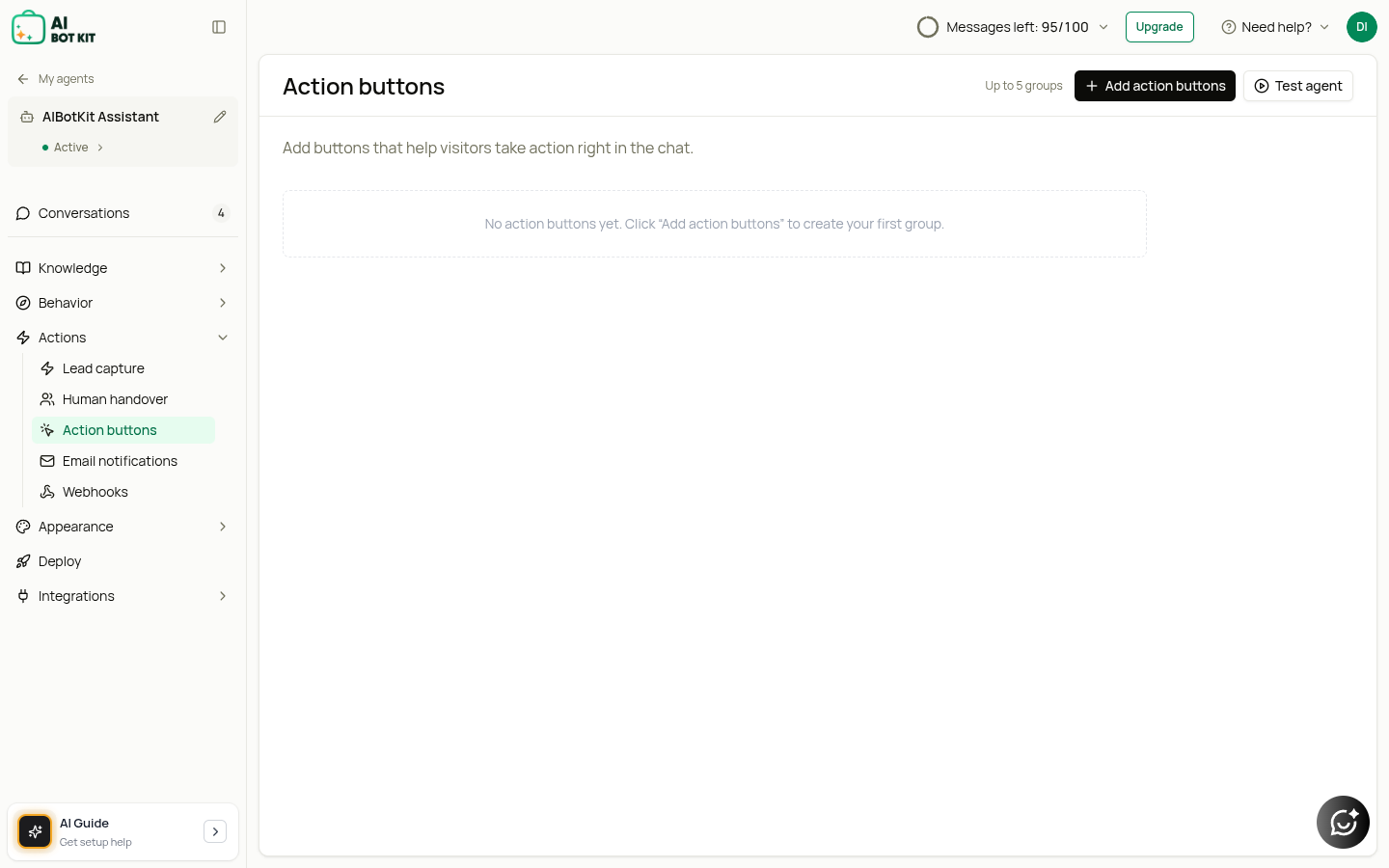 Action Buttons editor: action name, button (text + link + icon), and trigger condition