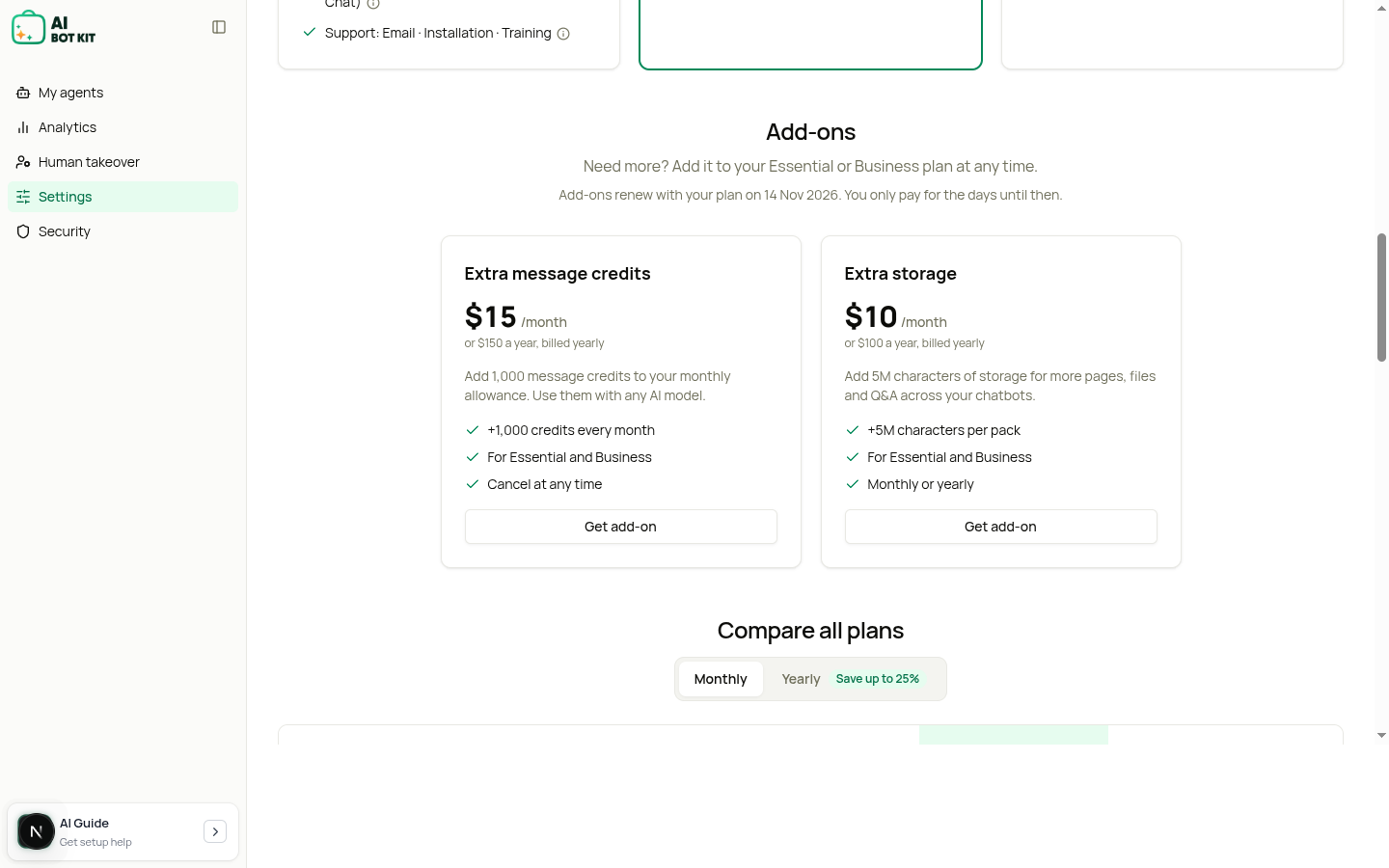 The add-on cards on the Plans & Billing page