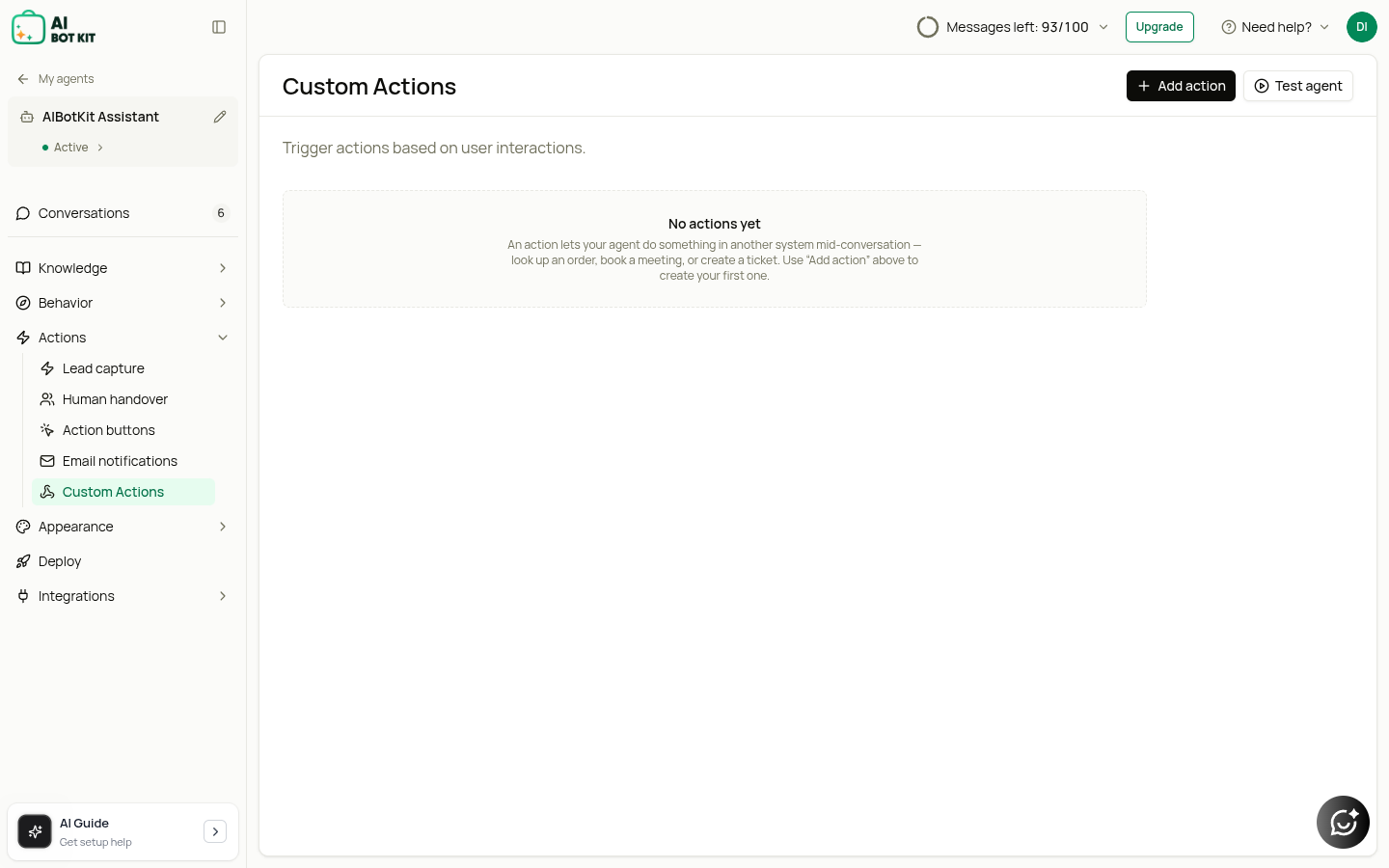 The Custom Actions screen