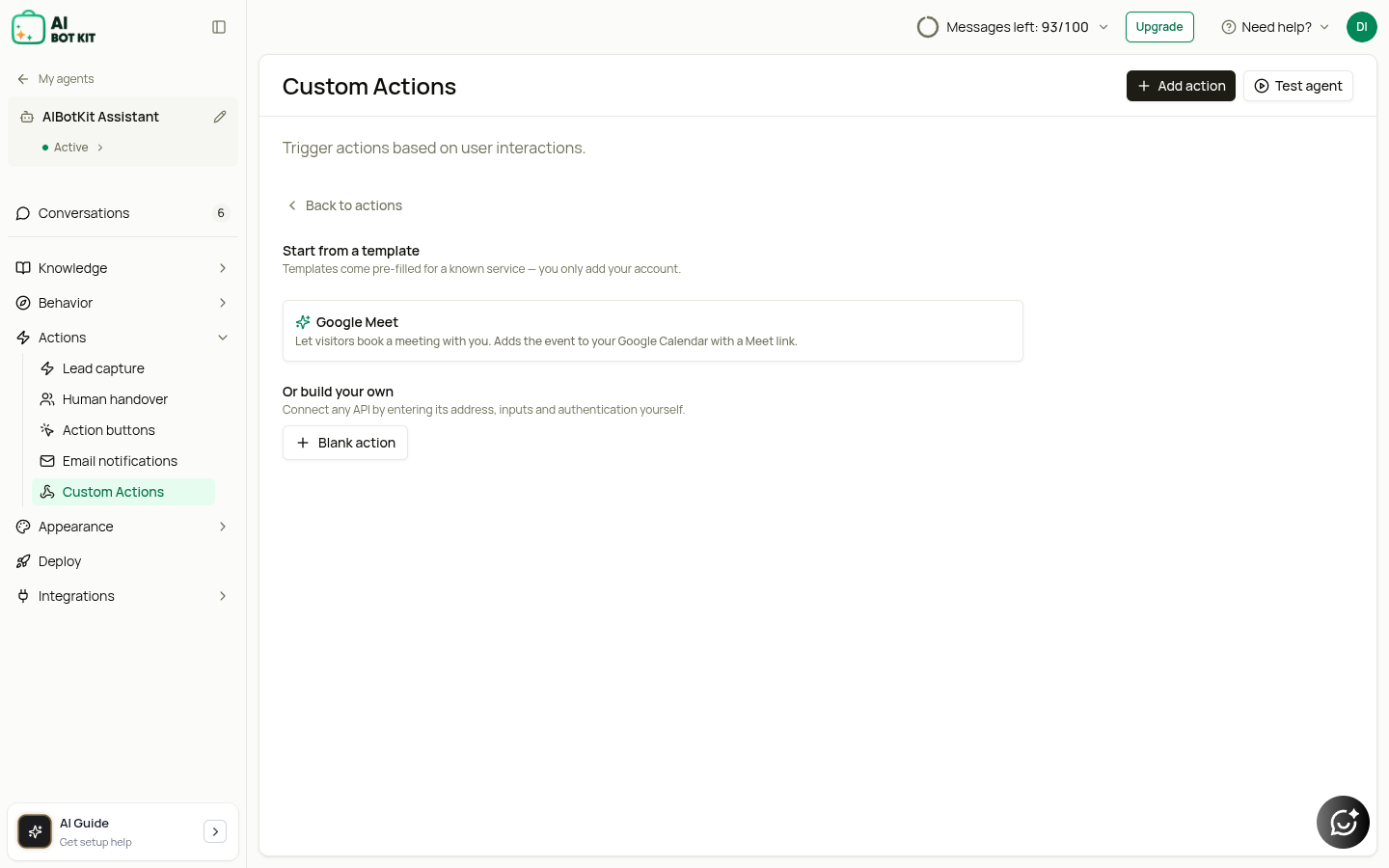 The Google Meet template in the Add action picker