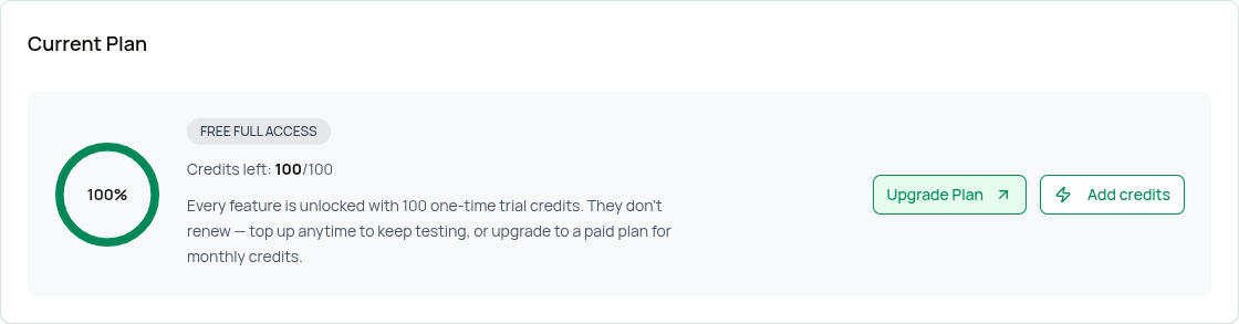 Free Full Access current plan card