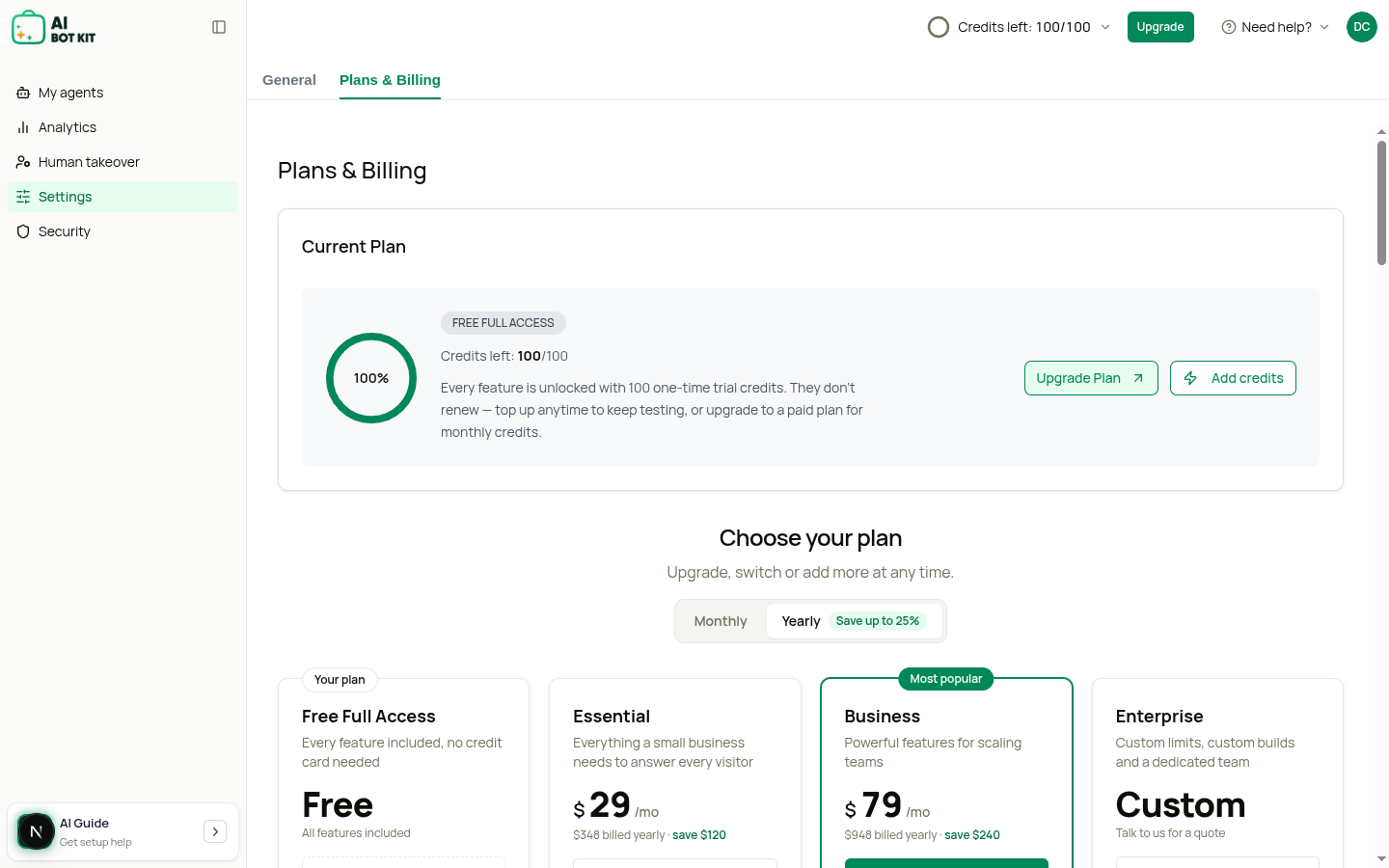 Settings → Plans & Billing: your current plan at the top, then "Choose your plan"